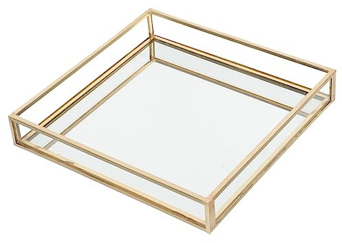 HOLIDYOYO Brass Border Vanity Tray 6.1 Inch Glass Organizer for Jewelry Perfume Makeup Storage Decorative Tray for Dresser Bedroom Bathroom