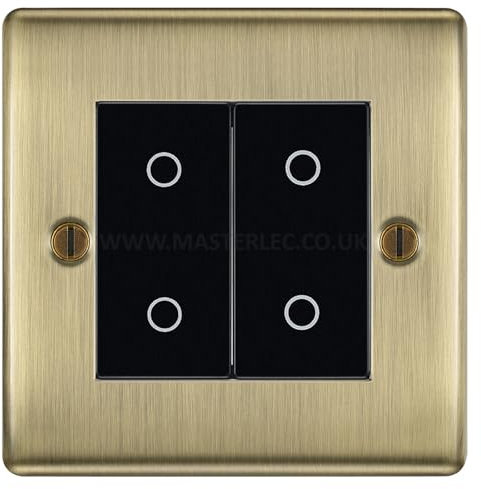 BG NABTDM2B Antique Brass 2 Gang Double Master Touch Dimmer Switch Black Inserts
