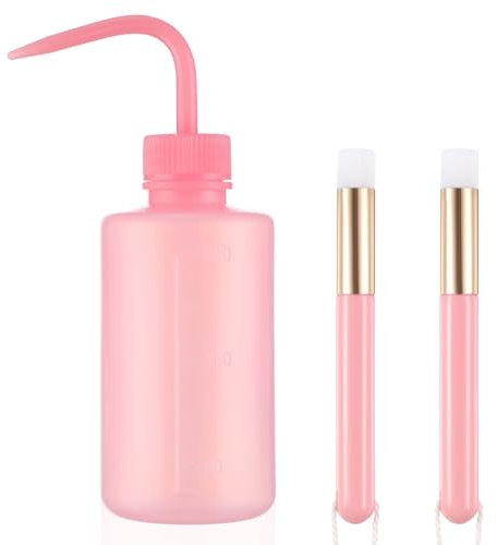 COMNICO Lash Shampoo Brush Rinse Bottle Sets, 1pcs 250ml Plastic Safety Squeeze Wash Bottle and 2pcs Facial Nose Blackhead Lash Cleaning Brushes for Tatoo Eyelash Extension Supplies (Pink)