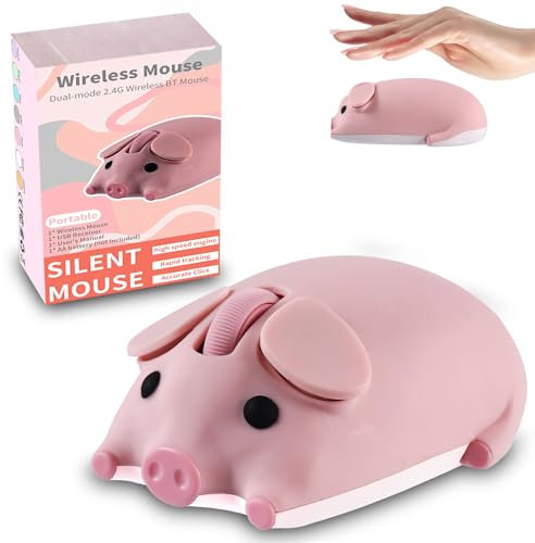 Mouse wireless Dual Mode Bluetooth 5.1/2.4G USB a forma di maiale, 1200 DPI, portatile, senza fili, mouse ergonomico per laptop, PC, iPad, Windows/iOS/Android, regalo per bambini (rosa)