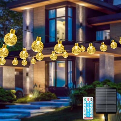 AUAUY Solar Lichterkette Aussen Wetterfest, 11M 60 LED 8 Modi IP65 Solarlichterkette Kristall Kugeln Außen/Innen Lichter Beleuchtung für Balkon Terassen Garten Bäume Weihnachten Party Fenster-Warmweiß