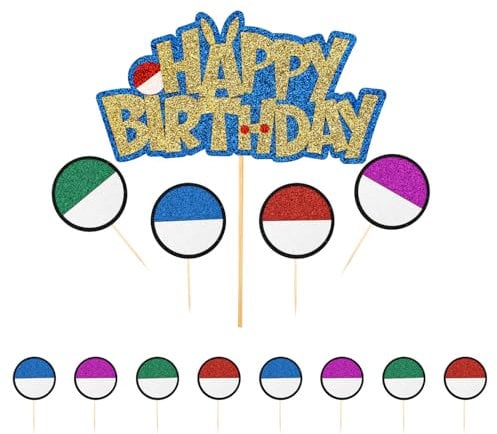 Tinoaly Cartoon Birthday Cake Topper, 1 Happy Birthday Cake Topper & 12 Small Round Cake Toppers, Glitter Design, Red & White, Anime & Cupcake Toppers, Party Decorations