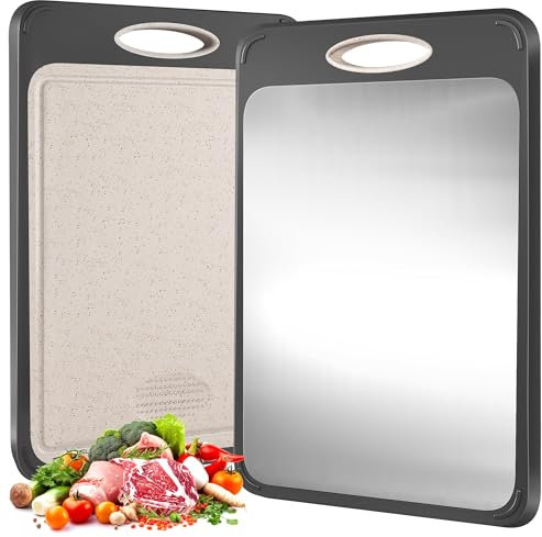 Double-Sided Chopping Board, Titanium Chopping Boards, Cutting Board for Kitchen, Stainless Steel and Wheat Straw PP Chopping Board, Scratch-Resistant Mesh Design with Juice Groove, Dishwasher Safe
