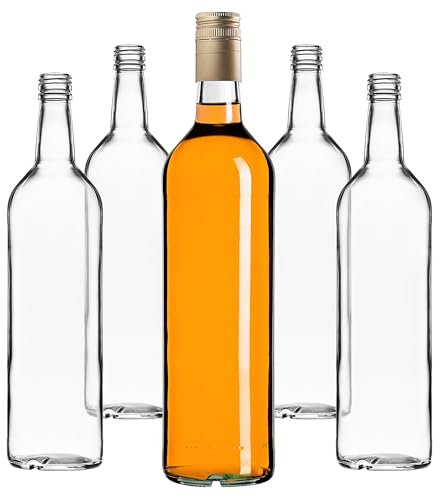 KADAX Glasflaschen zum Befüllen 1L, 40 Stück, leere Likörflaschen mit Schraubverschluss, Saftflaschen, Flaschen für Likör, Schnapsflaschen (Gold, Lang)