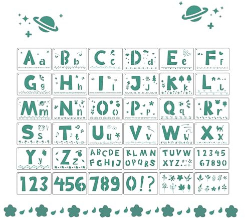 36 Stück Buchstaben Schablonen Set 17 8 x 11 4 cm Wiederverwendbar aus Kunststoff mit Groß und Kleinbuchstaben Zahlen Ideal für Kinder Airbrush Holz DIY und Basteln