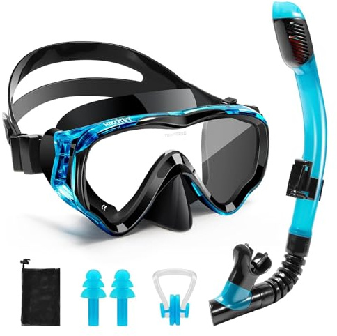 HIKOTEY Snorkeling Set for Kids, Full Dry Snorkeling Mask Set for Adults, Anti-Fog Protection, Unisex,HD Panoramic View, Snorkeling Gear for Kids 4-14 Age (Blue+Black)