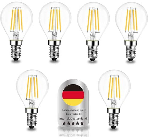 Wenscha E14 LED Lampe G45 Kugelform, 4W ersetzt 40W Halogenlampe, Filament Fadenlampe Glas, Warmweiß 2700K, 6er Pack, AC 220-240V, nicht dimmbar