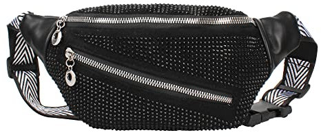 Damen Bauchtasche mit glitzernden Pailletten, Glitzer-Hüfttasche mit verstellbarem Riemen, multifunktionale Schultertasche, Brusttasche, Strass, schwarz, Einheitsgröße