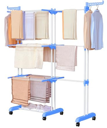 Oak & Tea Séchoir à Linge, Tour de 200 cm (Ailes Extensibles), Taille XXL, avec roulettes, 4 étages, Grand séchoir sur Pied, pour l'intérieur et l'extérieur, Bleu