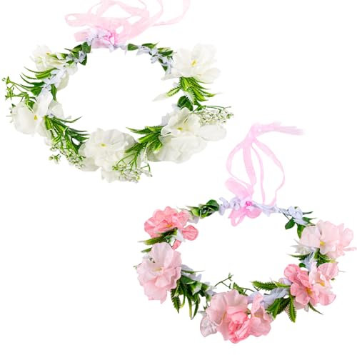MUNSKT 2 ghirlande floreali per ragazze, stile bohémien, corona floreale da donna, corona floreale, rosa, fiori per matrimonio, fiori bohémien, con nastro, per donne e ragazze, accessori per capelli