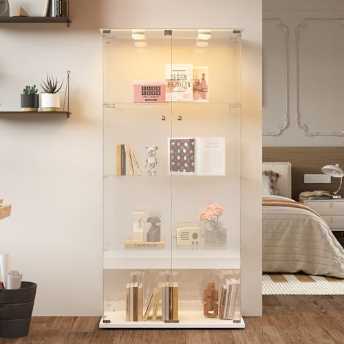 Glasvitrine mit 4 Schichten mit LED-Licht und 2 Türen, Vitrine aus gehärtetem Glas mit Schloss, unabhängige Sammlungsvitrinen, Wohnzimmerregal (Weiß, 4 Schichten, 2 Türen-A)