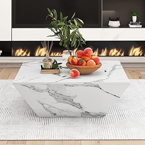 BTM Moderner Trommel Couchtisch, Trapezförmiger weißer Marmorfurnier Couchtisch, Wohnzimmertisch 70x70x37cm