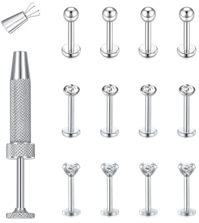 MODRSA Labret-Piercing, Tragus-Lippenpiercing, 16 g, Labret-Ohrstecker für den Boden, Edelstahl, vertikal, Medusa, Helix, Tragus-Piercing für Damen und Herren, Silber/Schwarz, 12 Stück