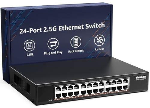 YuanLey Switch Ethernet 2.5G a 24 Porte, Switch Non Gestito Multi-Gigabit con 24×2.5G RJ45, Capacità 120Gbps, Design in Metallo Fanless, Montaggio Desktop/Rack per NAS, PC e Access Point WiFi 6