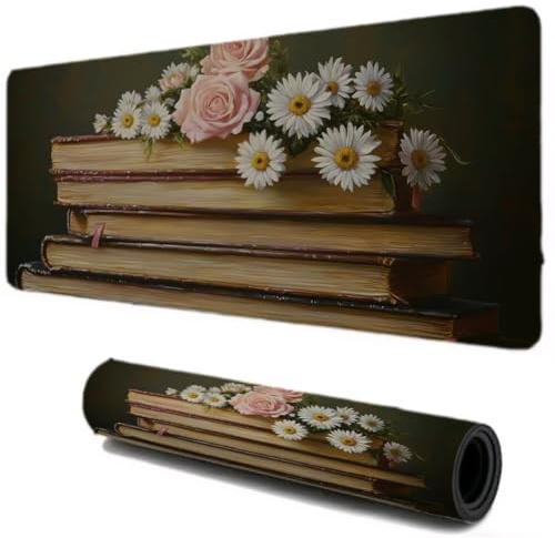 Tapis de Souris, Tapis de Souris Gamer 700x400, Haute Précision et Vitesse sous Main Bureau, Base en Caoutchouc Antidérapant et Imperméable, Accessoire Bureau pour Portable PC (Fleurs Livres) I-70