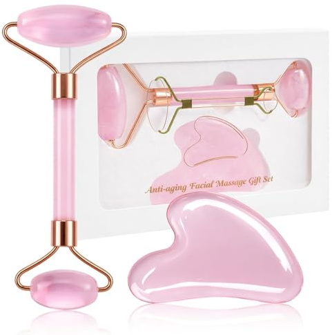 Gua Sha Visage Set, Roller Visage Quartz Rose Naturel Et Grattoir Facial en Forme de Cœur, Conception à Double Rouleau, Adapté Aux Besoins de Multiples Zones Comme le Dos Et les Jambes