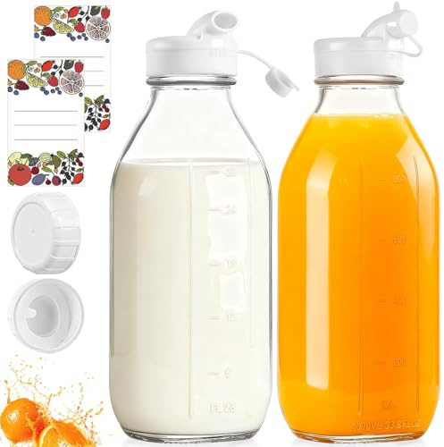 Paquete de 2 Botellas Vidrio 1 Litro Reutilizables con Tapa Hermética Rosca y 2 Boquilla Vertido, Botellas Agua Vidrio Grado Alimentario Apto para Almacenar Zumos Frutas, Batidos, Leche y Bebidas