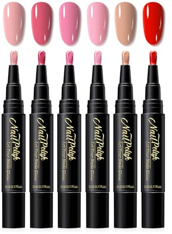Nail Polish Pens - 6Pcs 3 In 1 Gel Nail Polish Pen Set - Pink Red Nail Varnish Pens - Gel nail polish pens UV Lamp Required - No Base Coat Needed - Long-Lasting & Chip-Resistant