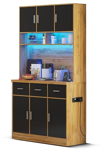 Buffet multifonctionnel, armoire rangement haut, éclairage LED pilotage application, zone café micro-ondes, tiroirs silencieux, étagères réglables, prises Euro USB, passe-câbles (Noir+Bois)
