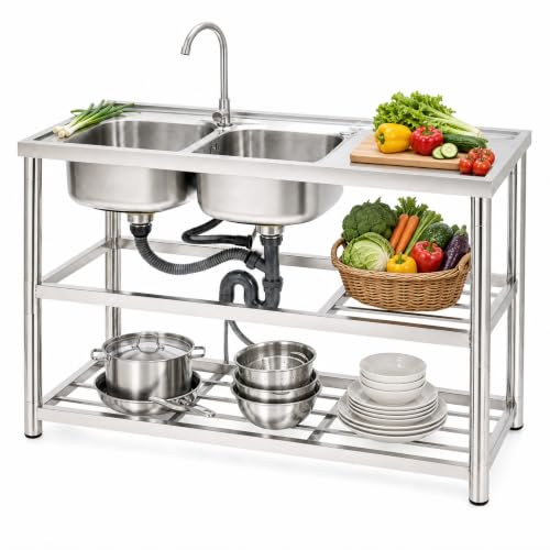 Freistehende Edelstahl Waschbecken 2 Becken, 120x45x80cm Edelstahlspüle, 3 Ebenen Doppelbecken Spültisch mit 360° Wasserhahn, Abtropffläche für Küche und Restaurant
