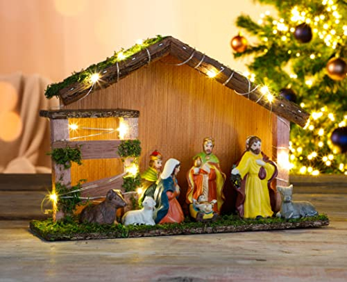 Spetebo Weihnachtskrippe mit 20 LED und 9 Figuren - Holz Tischdeko beleuchtet Weihnachtsdeko Krippe Figuren handbemalt