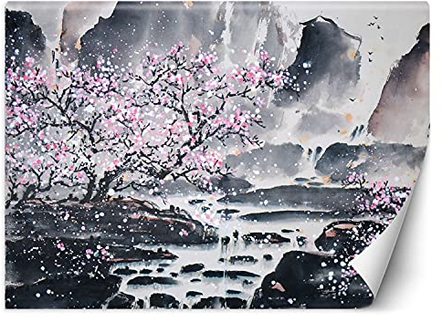 Feeby Fototapete XXL Kirschblüte Berge Strom 400x280 cm Rosa Vliestapete Moderne Design Wandtapete Küche Flur Wohnzimmer Büro Badezimmer Kinderzimmer Aquarell Japan