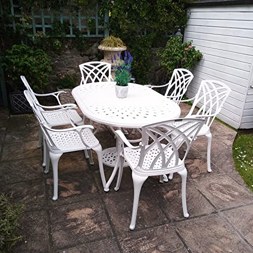 Lazy Susan 152cm Ovaler June Gartentisch in Weiß mit 6 April Stühlen und Terrakotta Sitzkissen | Nachhaltiges Aluminium | Wartungsarm
