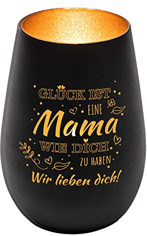 Windlicht aus Glas mit Wunschtext für Mama| Dekogeschenk | personalisiert | Kerzenhalter | Teelichtglas | Teelichthalter | Liebesgeschenk | Muttertagsgeschenk (Schwarz/Gold)