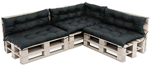 MOLTICO Palettenkissen Palettenauflagen Gesteppt Wasserdicht - Indoor und Outdoor - Set 7X: 3X Sitzkissen 120x80x14 cm, 3X Rückenkissen 120x40x14 cm und Seitenkissen 70x40x 14 cm - Graphit