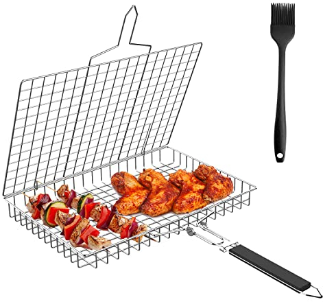 Newthinking BBQ Grill Basket for Vegetable and Fish, Portable Stainless Steel Folding Barbecue Grill Basket Net with Removable Handle for Roast Fish Vegetables BBQ Party