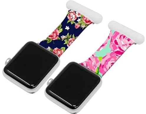 Floral Nurse Watch Brooch Straps, Soft Silicone Pin Fob Compatible with Apple Watch 38mm 40mm 41mm Fobs, Pattern Band Compatible with iWatch Series 8 7 6 5 4 3 2 1 SE (2F)