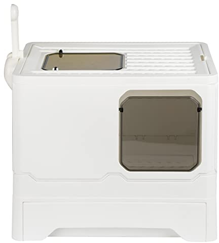 Arenero para Gatos, Caja Arena con Bandeja Extraíble, Pala, Cepillo, Espacioso para Gatos Grandes, Carga de 20 kg, Antifiltración, Antiescapes, 45 * 35 * 38 páginas-Blanco