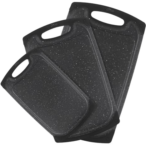 Set of three small to large plastic cutting boards, non-slip, easy to clean, dishwasher safe, easy grip handles with juice chute and grating area for grating garlic and ginger cutting board, reusable