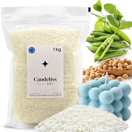 CANDELISS Cera para hacer velas en molde 1kg. Cera de soja alto punto de fusion para moldes para velas 1kg Cera para hacer velas en moldes silicona Soy candle wax for silicone moulds (1kg)