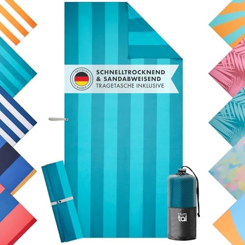 Blumtal Strandtuch XXL aus Mikrofaser - kompaktes und schnelltrocknendes Handtuch/Strandhandtuch 90x180 - Stranddecke sandfrei mit Band - Badetücher - Mikrofaser Badetuch groß in Türkis gestreift