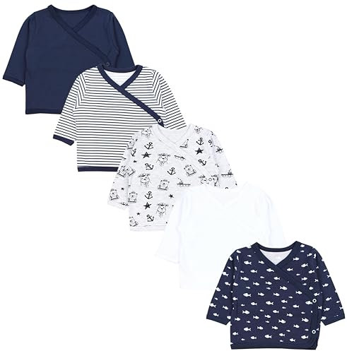 TupTam Baby Jungen Langarm Wickelshirt Baumwolle 5er Set, Farbe: Nautic Fische Kapitän Blau Weiß Grau, Größe: 56