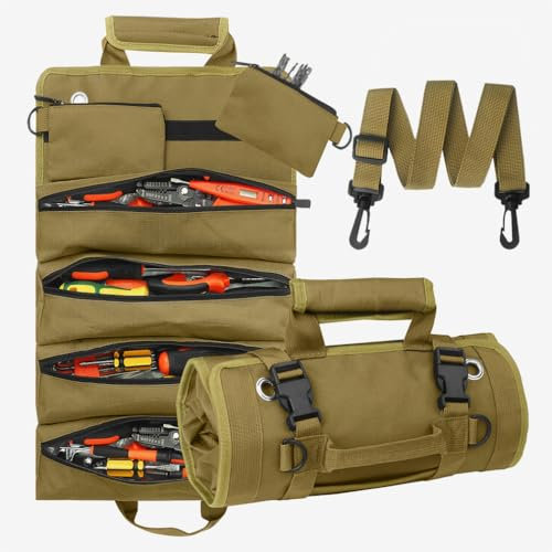 Multi-Purpose Tool Organizer With Long Strap Roll Up Small Tools Box Storage, Tool Roll Bag Case Has Detachable 2 Tool Carry Pouches and 4 Fix Tool Bags Gifts for Men Dad Husband Grandpa