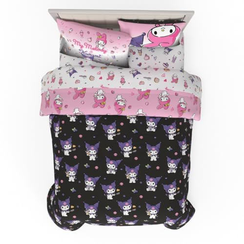 Franco Sanrio Kuromi & My Melody Parure de lit réversible 7 pièces Super Douce et Confortable avec taie d'oreiller pour lit Double, (Produit sous Licence Officielle)