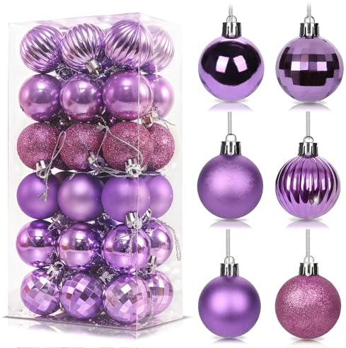 36Pcs Purple Baubles for Christmas Tree, 4cm Mini Shatterproof Plastic Christmas Balls Ornaments with Strings,6 Design Xmas Baubles Hanging Balls for Xmas New Yew Wedding Holiday Party Decor
