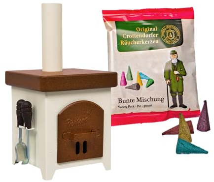 Crottendorfer Räucherkerzenofen Hüttenofen - aus Feinblech - Farbe: braun/beige - inklusive Probepackung & Ofenbesteck - Höhe: 15cm - Made in Germany