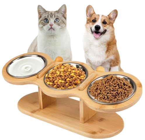 Gykutix Gamelle Chat Surélevée Bol avec 3 Bols en Acier Inoxydable Hauteur Réglable Support Gamelle Chat pour Eau et Nourriture, Petits Chiens