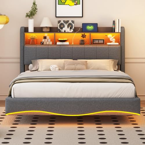 HAUSPROFI Schwebebett | Polsterbett mit LED-Beleuchtung, USB & Type-C Ladestation, Stauraum-Kopfteil und Lattenrost | Modernes Doppelbett in Leinenoptik (Grau-a, 140 x 200 cm)