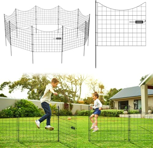 Eikuavons Dekorative Gartenzaun, Teichzaun Set 1 Tor+4 Teichzaun Steckzaun Metall mit Zaunelemente und Freigehege Gartenzaun Tiergehege, mit Schloss, Haustier Zaun (Unterbogen, Schwarz)