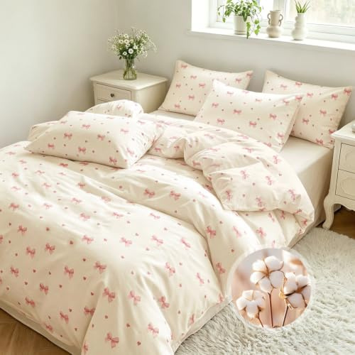 Nayoroom Bettwäsche 135x200 Baumwolle, Rosa Schleifen, Oeko-TEX | 100% Baumwolle Bettwäsche-Sets mit Reißverschluss, 1 Bettbezug 135x200 & 1 Kissenbezug 80x80 cm, Weich & atmungsaktiv