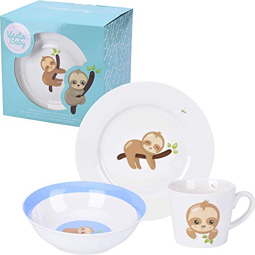 Juego de Vajilla para Niños de 3 Piezas - Durable Vegano Primer Porcelana Vajilla Set para Bebés - Plato, Taza y Tazón con un Diseño de Perezoso - Regalo para Chicos, Chicas, Niño Pequeño