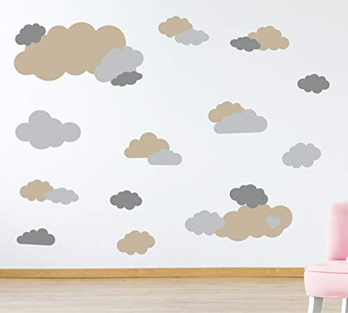 timalo® 35 Stück Wandtattoo Kinderzimmer XL Große Wolken Himmel Pastell Wandsticker – Aufkleber Wolkenset | 73091-SET3-35 | dunkelbeige hellgrau grau