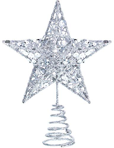 Blulu 6 Zoll Stern Baum Spitze Exquisit Schimmernd Weihnachtsbaum Topper für Christbaum Dekoration (Silber)