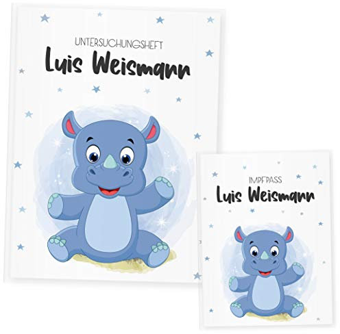 U Heft und Impfpass Hülle Set Babytiere (Personalisiert, Nashorn Blau))