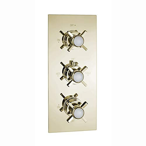 ENKI, Edwardian, TSV055, Concealed Thermostatic Triple Diverter Shower Mixer Valve with Three Outlets, Cross Handles, Traditional Bathrooms, Constant Temperature, Gold