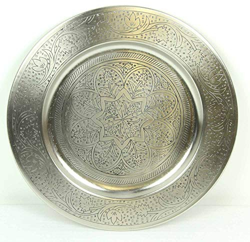 Marokkanisches Serviertablett Silber Ø 30cm rund aus Metall, Orientalisches Tee-Tablett, Kunsthandwerk aus Marrakesch Ostern Muttertag Dekoration Hoyam 30 TTB305S